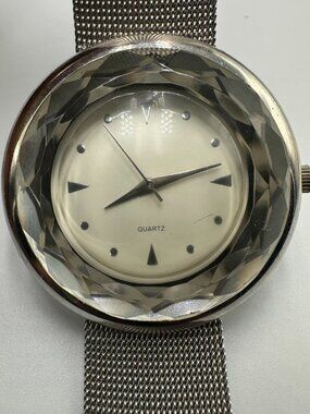 3/$30 Accutime Womens Watch Faceted Bezel Round Silver Tone Mesh Band